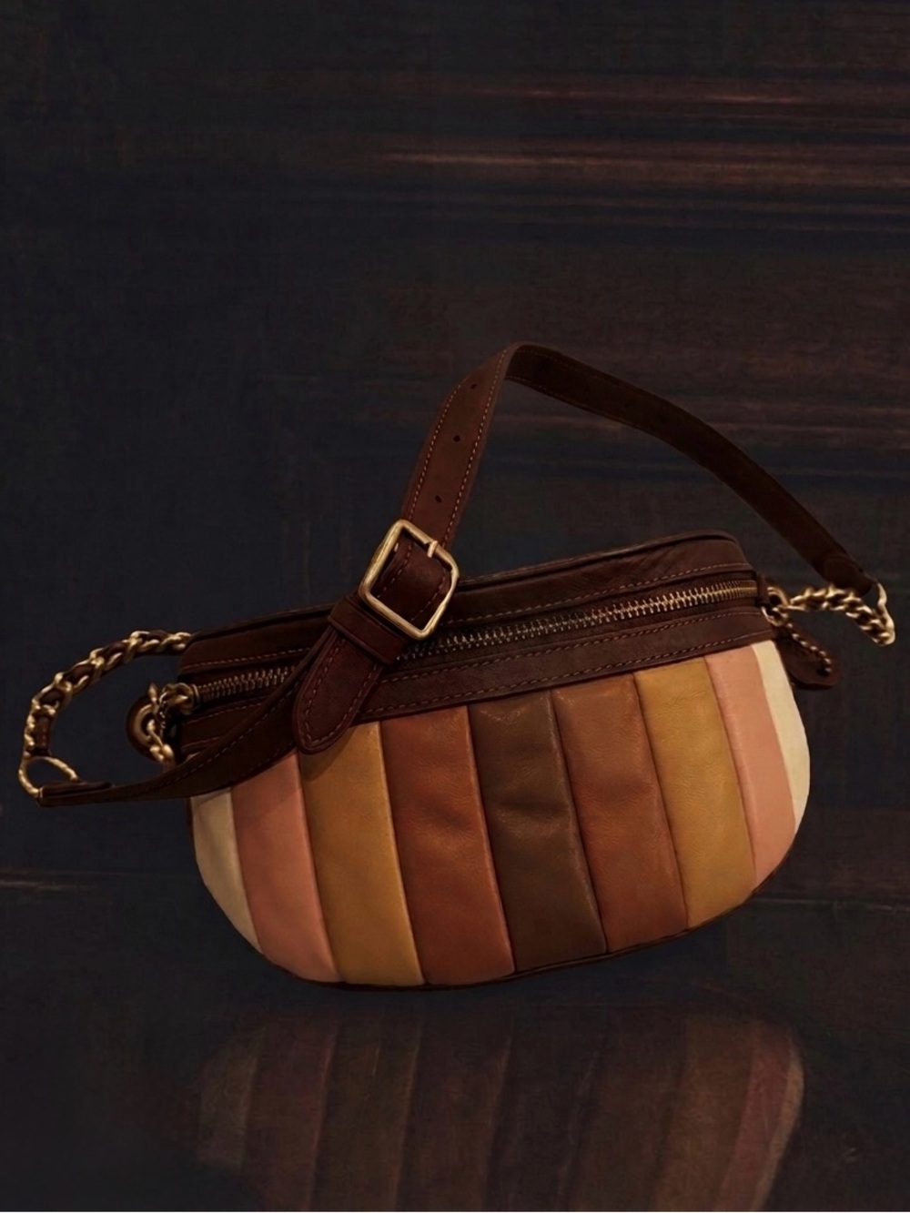 COACH Quilted Multi-Stripe Calf Leather Crossbody Belt Bag - Brown Pink Yellow